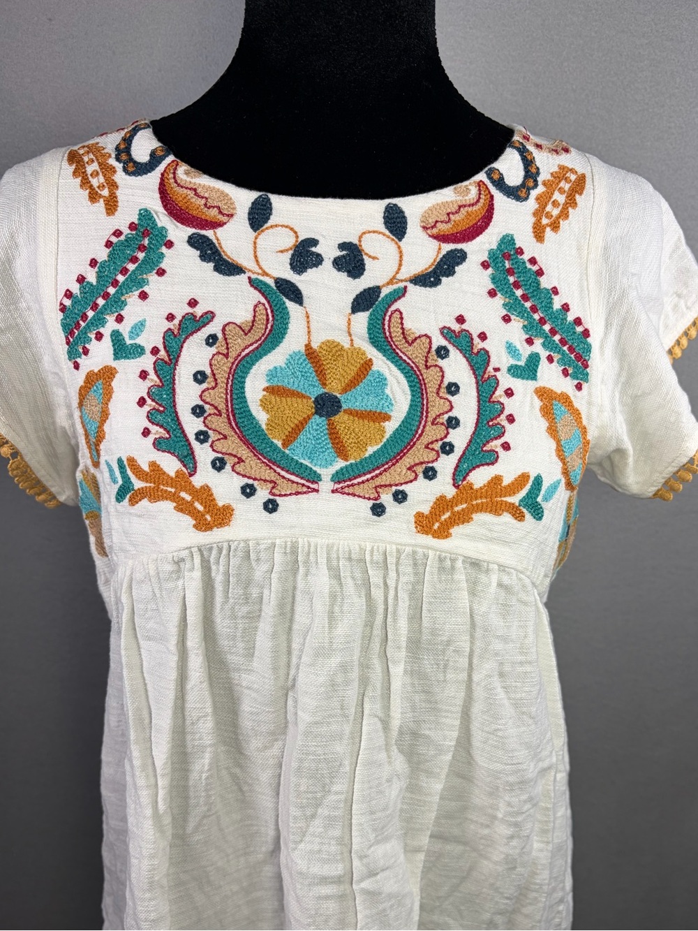 THML White Embroidered Peasant Blouse with Turquoise & Mustard Accents